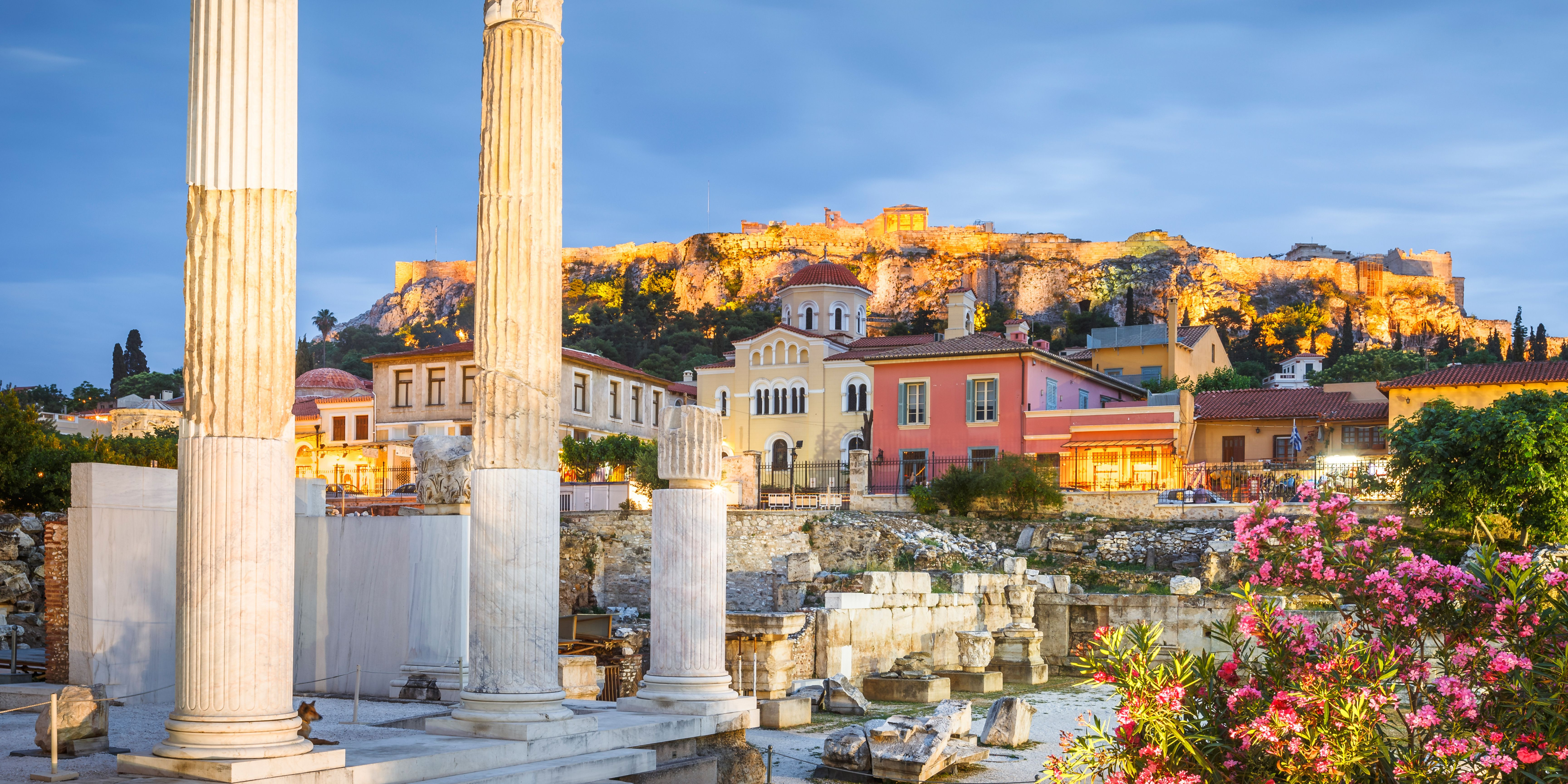 A view of Athens at dusk, featuring ancient columns in the foreground and the illuminated Acropolis on the hilltop in the background, with residential buildings and flowering shrubs.